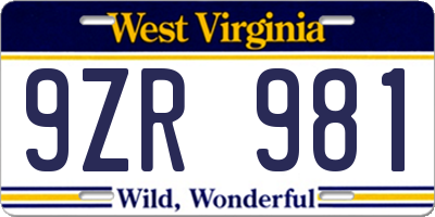 WV license plate 9ZR981