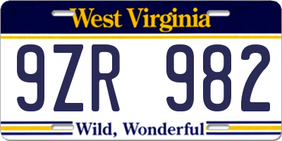 WV license plate 9ZR982