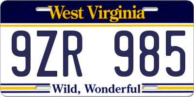 WV license plate 9ZR985