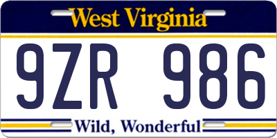 WV license plate 9ZR986