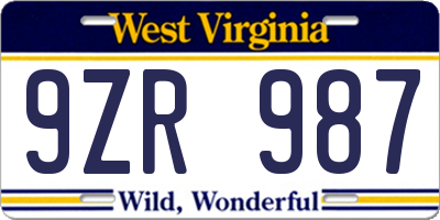 WV license plate 9ZR987