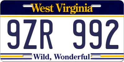 WV license plate 9ZR992