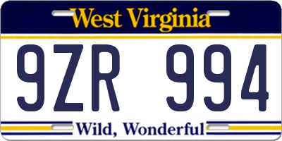 WV license plate 9ZR994