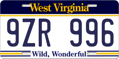 WV license plate 9ZR996