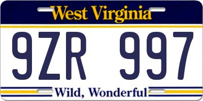 WV license plate 9ZR997