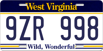 WV license plate 9ZR998