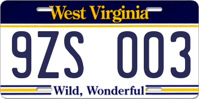 WV license plate 9ZS003