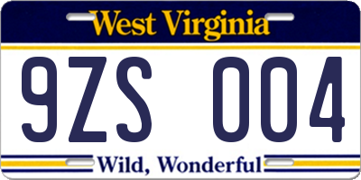 WV license plate 9ZS004