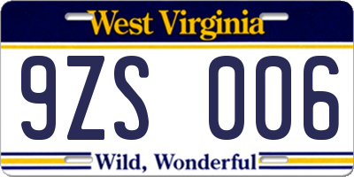 WV license plate 9ZS006