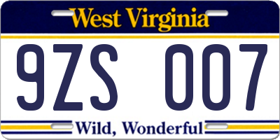 WV license plate 9ZS007