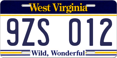 WV license plate 9ZS012