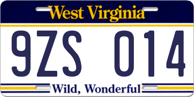 WV license plate 9ZS014