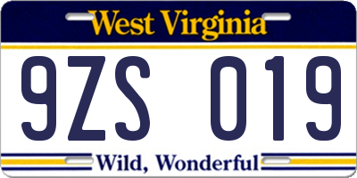 WV license plate 9ZS019
