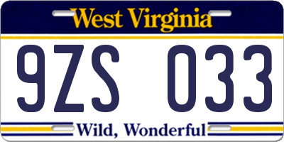 WV license plate 9ZS033