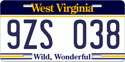 WV license plate 9ZS038