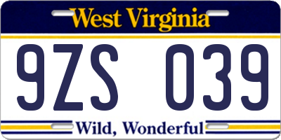 WV license plate 9ZS039