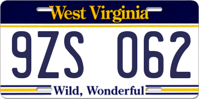 WV license plate 9ZS062