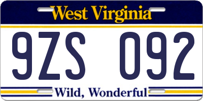 WV license plate 9ZS092