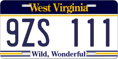 WV license plate 9ZS111