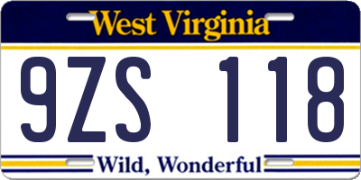 WV license plate 9ZS118