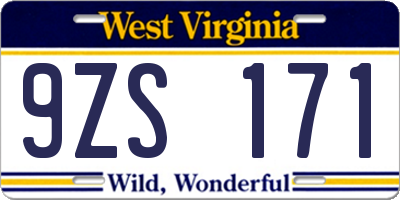 WV license plate 9ZS171