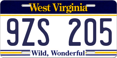 WV license plate 9ZS205