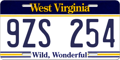 WV license plate 9ZS254