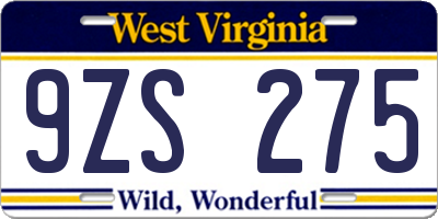 WV license plate 9ZS275