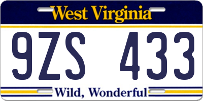 WV license plate 9ZS433