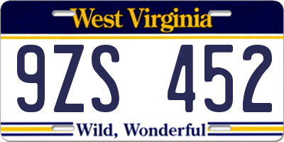 WV license plate 9ZS452