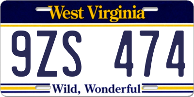 WV license plate 9ZS474