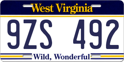 WV license plate 9ZS492