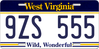 WV license plate 9ZS555