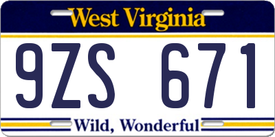 WV license plate 9ZS671