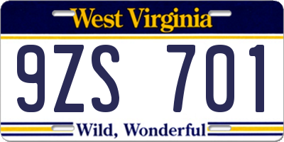WV license plate 9ZS701