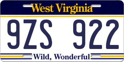 WV license plate 9ZS922