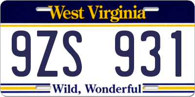 WV license plate 9ZS931