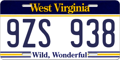 WV license plate 9ZS938