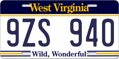 WV license plate 9ZS940