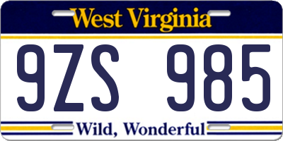 WV license plate 9ZS985