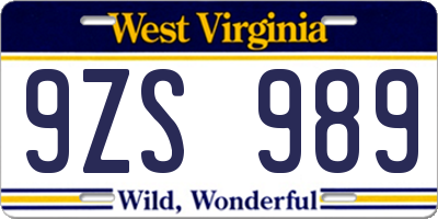 WV license plate 9ZS989