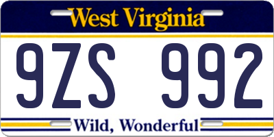 WV license plate 9ZS992