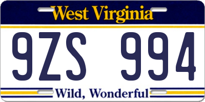 WV license plate 9ZS994