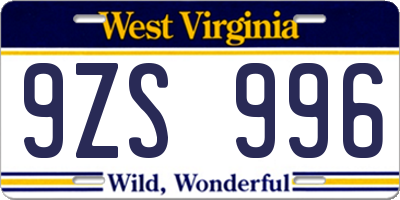 WV license plate 9ZS996