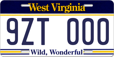 WV license plate 9ZT000