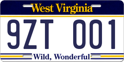 WV license plate 9ZT001