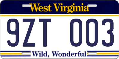 WV license plate 9ZT003