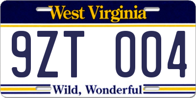 WV license plate 9ZT004