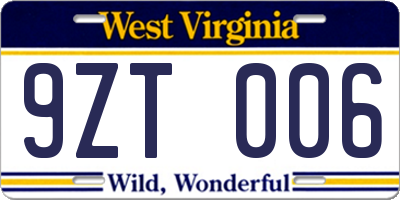 WV license plate 9ZT006