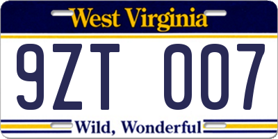 WV license plate 9ZT007